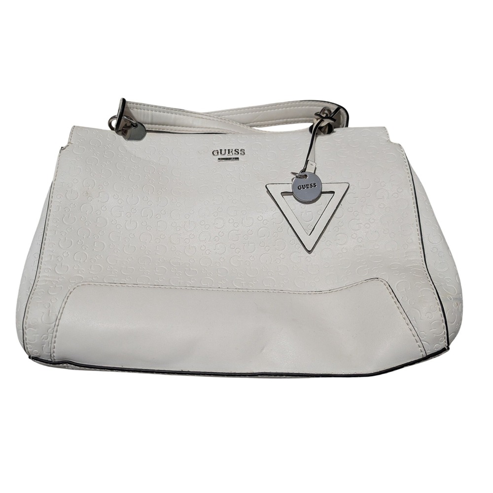 Guess Handbag Womens Medium White Embossed Logo Satchel Silver Hardware Chic Bag